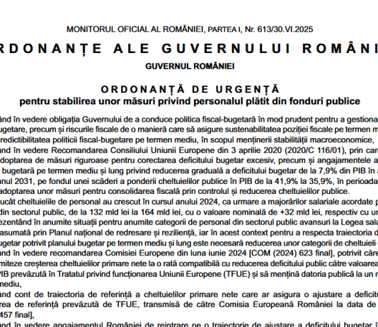 OUG nr. 36/2025 – pentru stabilirea unor măsuri privind personalul plătit din fonduri publice