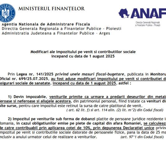 ANAF (nou si oficial) – modificări ale impozitului pe venit si contribuțiilor sociale, începând cu data de 1 august 2025