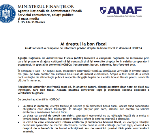 NOU – ANAF lansează o campanie de informare privind dreptul la bonul fiscal în domeniul HORECA