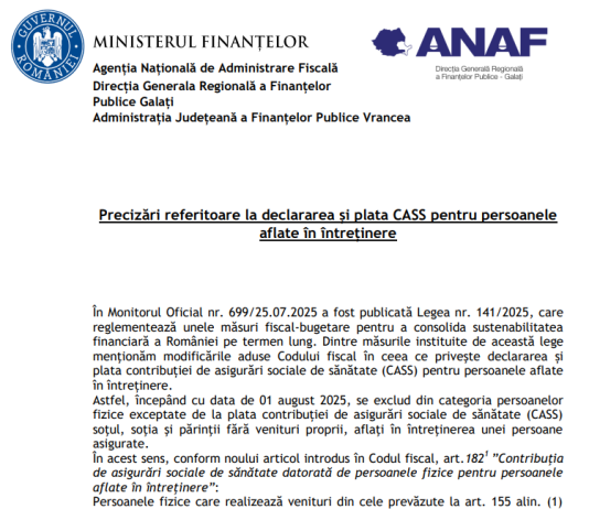 ANAF (oficial) – precizări referitoare la declararea și plata CASS pentru persoanele aflate în întreținere