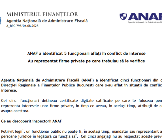 NEWS – ANAF a identificat 5 funcționari aflați în conflict de interese. Au reprezentat firme private pe care trebuiau să le verifice