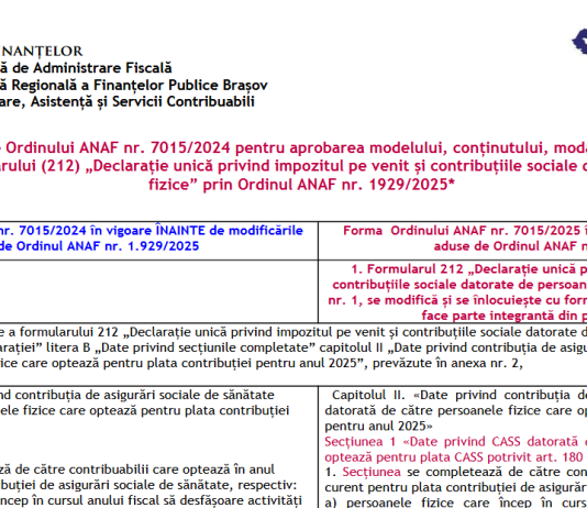 ANAF – modificări aduse Ordinului ANAF nr. 7015/2024 (Declarația unică 212) – prin Ordinul ANAF nr. 1929/2025