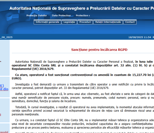 ATENTIE – o nouă sancțiune pentru încălcarea RGPD/GDPR, aplicată unei firme de contabilitate (august 2025)