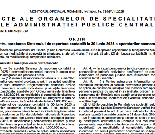 OMF nr. 1194/2025 – pentru aprobarea sistemului de raportare contabilă la 30 iunie 2025 a operatorilor economici