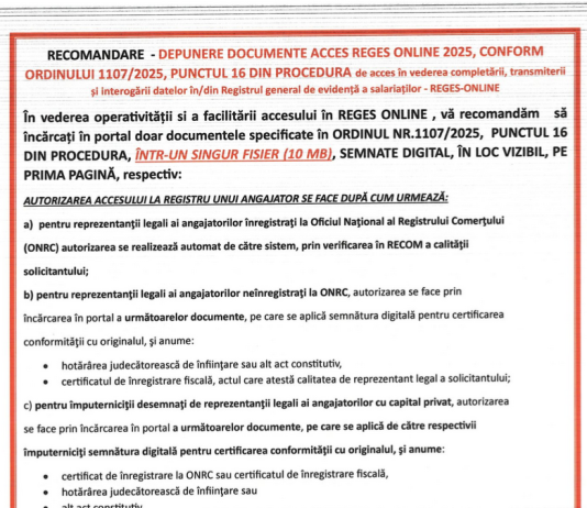 ITM – obligație depunere documente acces REGES-ONLINE 2025, conform Ordinului nr. 1107/2025, într-un singur fișier (max. 10 mb), semnate digital, în loc vizibil, pe prima pagină