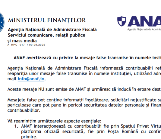 ATENTIE – ANAF avertizează cu privire la mesaje false transmise în numele instituției (nu accesați link-uri, nu descărcați fișiere)