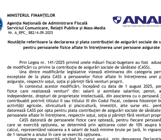 ANAF – noutățile referitoare la declararea și plata contribuției de asigurări sociale de sănătate pentru persoanele fizice aflate în întreținerea unei persoane asigurate