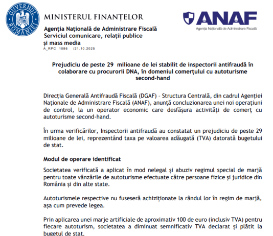 ANAF – prejudiciu de peste 29 milioane de lei stabilit de inspectorii antifraudă în colaborare cu procurorii DNA, în domeniul comerțului cu autoturisme second-hand