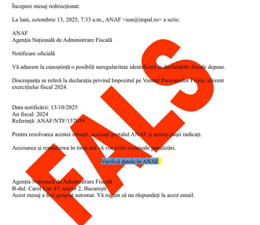 Atenție – e-mail fals în numele ANAF (nu deschideți aceste emailuri și nu accesați documentele)