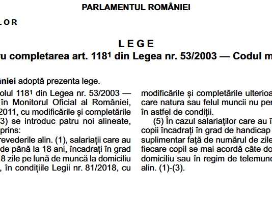 Legea nr. 149/2025 – pentru completarea art. 118 (indice 1) din Legea nr. 53/2003, Codul muncii (zile telemuncă)