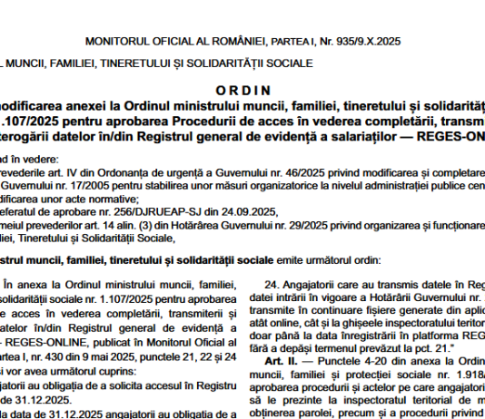 Ordin MMFTSS nr. 2143/2025 – modificarea procedurii de acces în Registrul general de evidență a salariaților – REGES-ONLINE