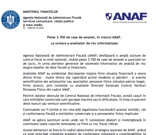 NEWS – peste 3.700 de case de amanet, în vizorul ANAF, ca urmare a analizelor de risc informatizate