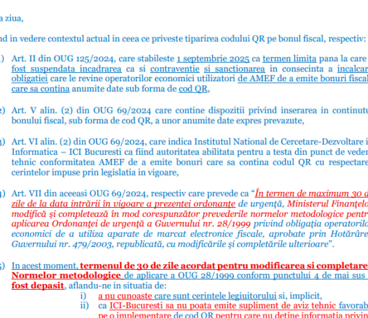 INFORMARE – având in vedere contextul actual in ceea ce privește tipărirea codului QR pe bonul fiscal