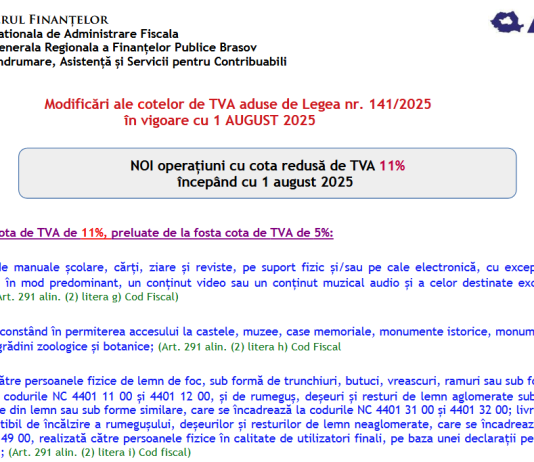 ANAF (oficial) – modificări ale cotelor de TVA aduse de Legea nr. 141/2025 (în vigoare cu 1 august 2025)