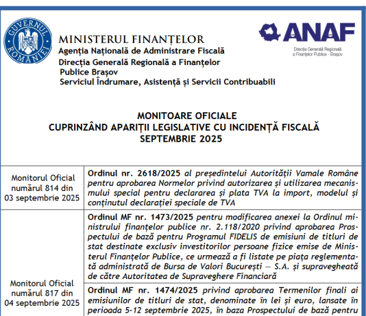 ANAF – monitoare oficiale cuprinzând apariții legislative cu incidență fiscală (din luna septembrie 2025)