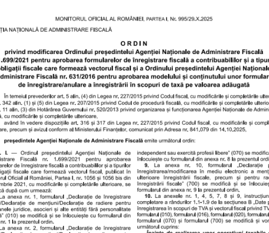 OPANAF nr. 2420/2025 – MODIFICARE FORMULARE DE ÎNREGISTRARE (TVA)