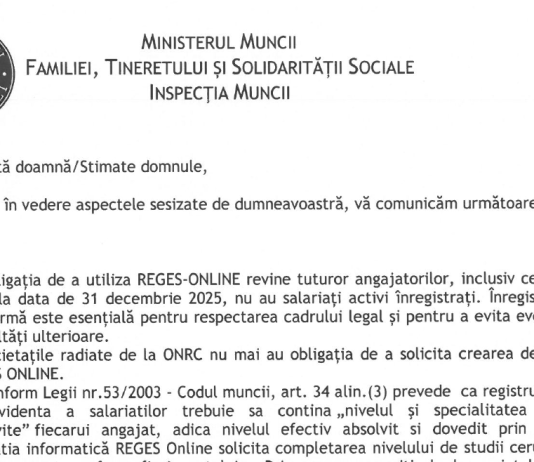 ATENTIE – comunicat oficial Min. Muncii/Insp. Muncii (nov. 2025), cu privire la cine are obligatia de a utiliza REGES-ONLINE