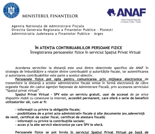 ANAF – inregistrarea persoanelor fizice în serviciul Spațiul Privat Virtual (noiembrie 2025)