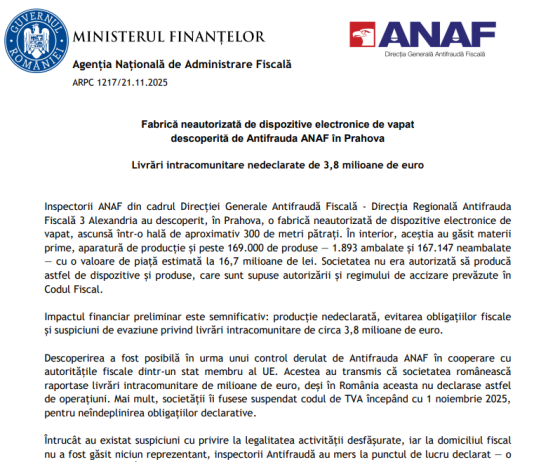 ANAF – fabrică neautorizată de dispozitive electronice de vapat descoperită de Antifrauda ANAF în Prahova