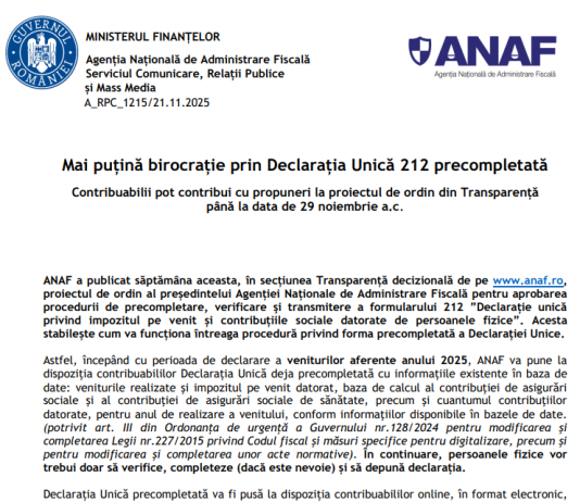 Declarația Unică 212 (precompletată 2026) – persoanele fizice vor trebui doar să verifice, completeze (dacă este nevoie) și să depună declarația