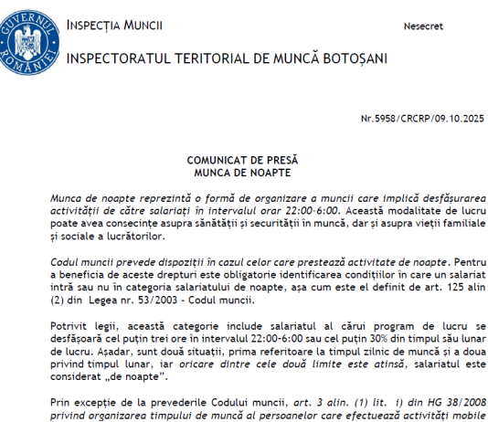 Obligatii legale în cazul celor care prestează activitate de noapte (munca de noapte) – oficial ITM