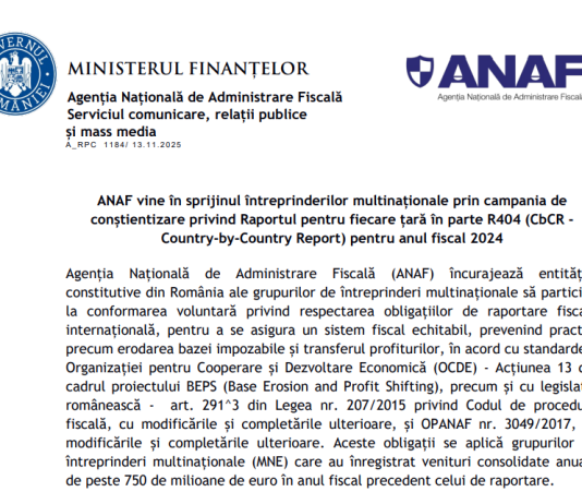 ULTIMA ORA (oficial) – ANAF intensifică acțiunile de control la marii contribuabili si atrage atentia asupra depunerii R404 (CbCR – Country-by-Country Report) pentru anul fiscal 2024