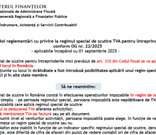 Noi reglementări cu privire la regimul special de scutire TVA pentru întreprinderi mici conform OG nr. 22/2025 – oficial ANAF