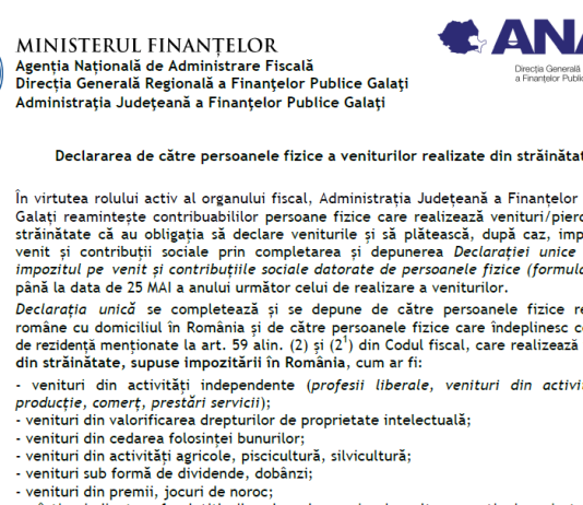 ANAF – declararea de către persoanele fizice a veniturilor realizate din străinătate