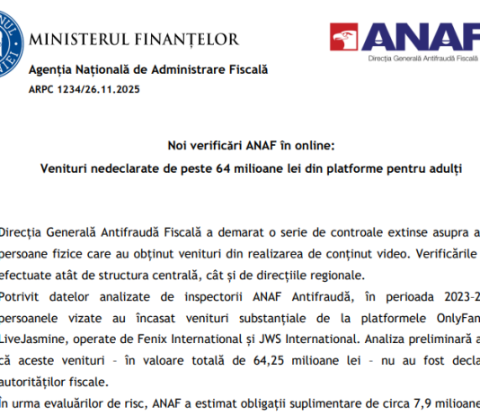 Noi verificǎri ANAF în online – venituri nedeclarate de peste 64 milioane lei din platforme pentru adulți