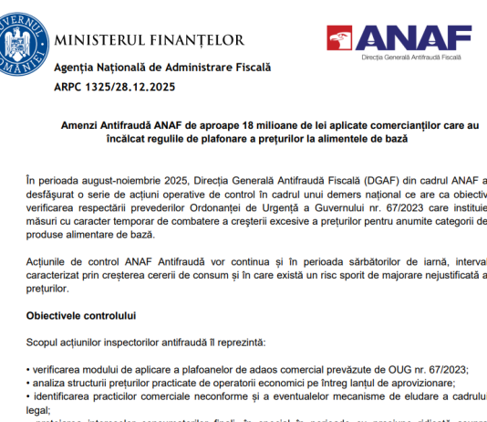 Amenzi Antifraudǎ ANAF de aproape 18 milioane de lei aplicate comercianților care au încălcat regulile de plafonare a prețurilor la alimentele de bazǎ