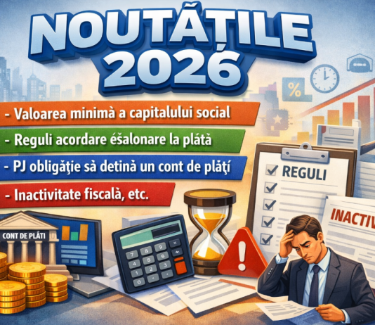NOUTATILE 2026 – valoarea minimă a capitalului social, reguli acordare eşalonare la plată, PJ obligaţie să deţină un cont de plăţi, inactivitate fiscala, etc.