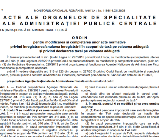 OPANAF nr. 2633/2025 – modificare proceduri inregistrare TVA (text integral si info oficial)