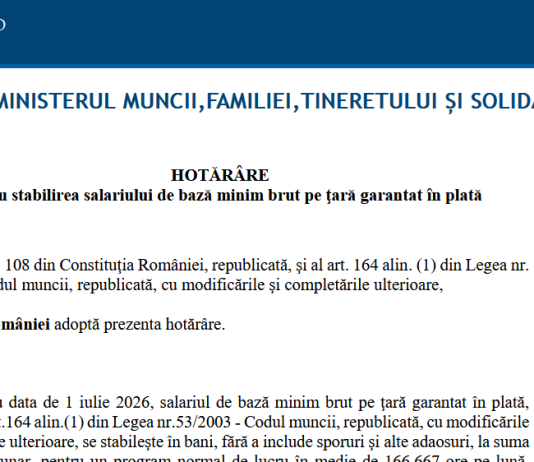 OFICIAL – salariul de bază minim brut pe ţară garantat în plată urmează să fie majorat la 4.325 lei lunar începând cu data de 1 iulie 2026