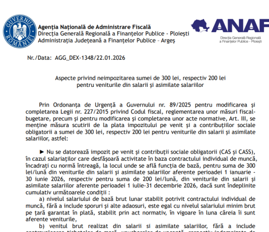 Aspecte privind neimpozitarea sumei de 300 lei, respectiv 200 lei pentru veniturile din salarii şi asimilate salariilor – oficial ANAF (2026)