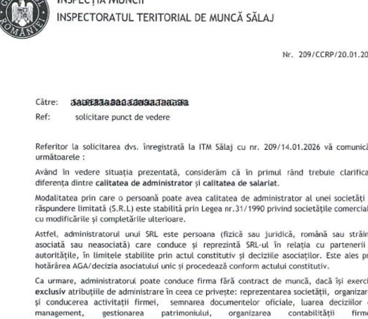Raspuns ITM nou si diferit (2026) – asociatul si administatorul unui SRL … ar trebui să aibă contract individual de muncă