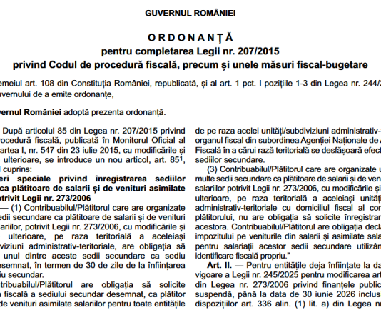OG nr. 6/2026 – completare Codul de procedură fiscală, precum și unele măsuri fiscal-bugetare (sedii secundare, e-Factura, etc.)