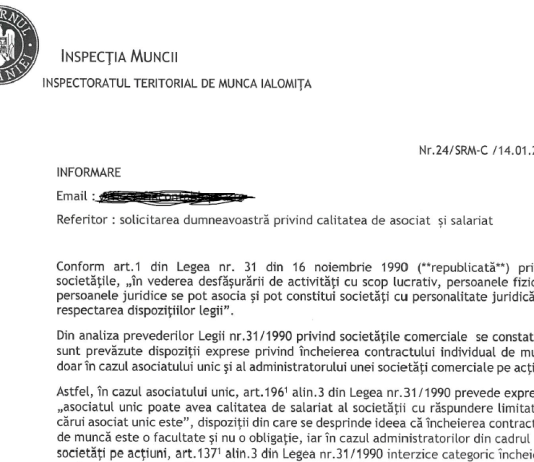 Raspuns ITM (2026) – asociatul si administatorul unui SRL nu este obligat să aibă contract individual de muncă