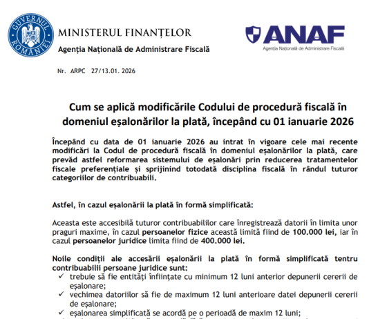 NEWS – cum se aplică modificările Codului de Procedură Fiscală în domeniul eșalonărilor la plată, începând cu 01 ianuarie 2026