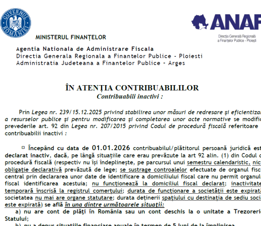 Comunicat oficial ANAF (reglementari 2026) – in atentia contribuabililor inactivi