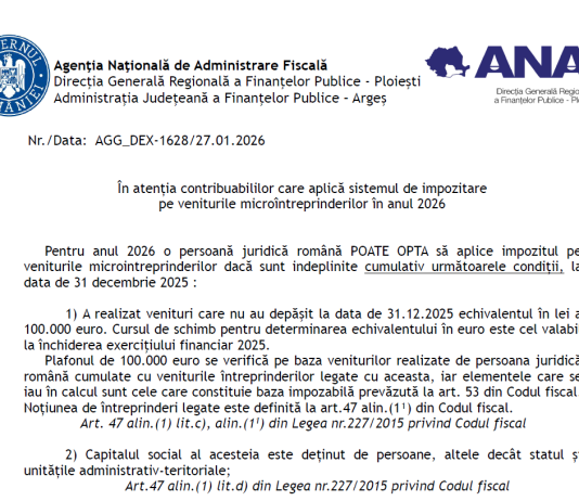 ANAF – in atenția contribuabililor care aplică sistemul de impozitare pe veniturile microîntreprinderilor în anul 2026