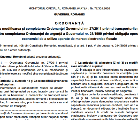 OG nr. 5/2026 – modificari in domeniul caselor de marcat fiscale (OUG 28/1999) si al transporturilor rutiere (OG 27/2011)