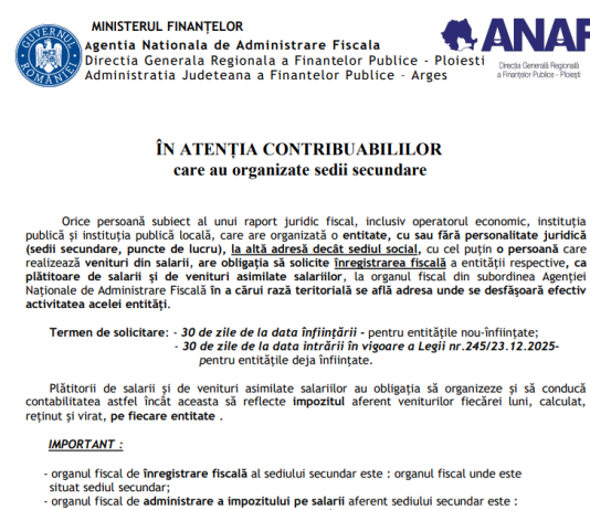 OFICAL – comunicat ANAF in atentia contribuabililor care au organizate sedii secundare