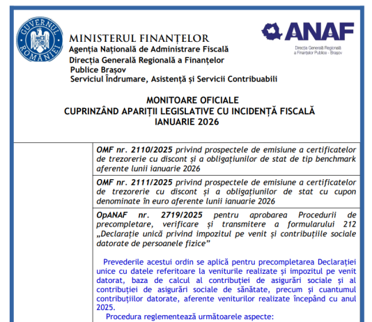 ANAF – monitoare oficiale cuprinzând apariții legislative cu incidență fiscală (din luna ianuarie 2026)