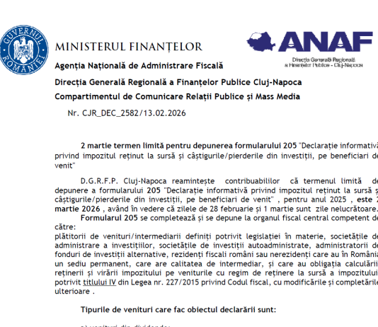 ANAF (oficial) – 02 martie 2026, termen limită pentru depunerea Formularului 205 (Declaraţie anuală)