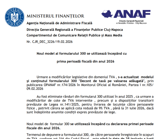 ANAF (oficial) – noul model al Formularului 300 se utilizează începând cu prima perioadă fiscală din anul 2026