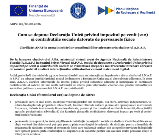 Cum se depune Declarația Unică privind impozitul pe venit (D 212) și contribuțiile sociale datorate de persoanele fizice – clarificări ANAF