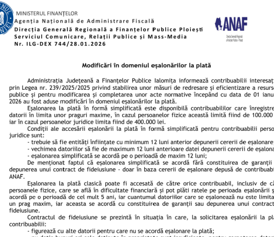 ANAF (informații oficiale) – modificări în domeniul eșalonărilor la plată