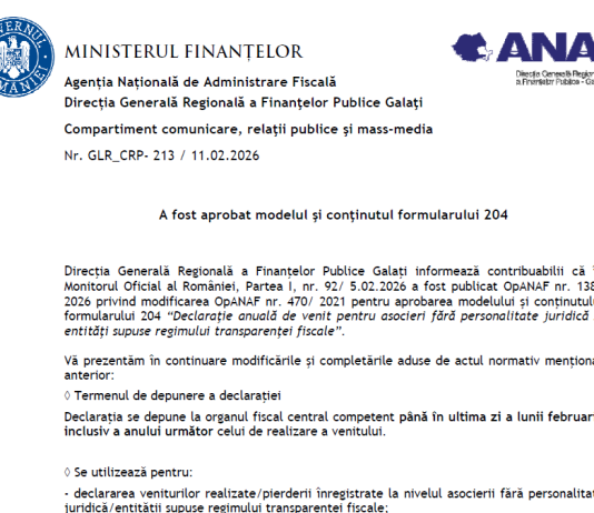 ANAF (oficial 2026) – a fost aprobat modelul şi conţinutul noului Formular 204 (asocieri fără personalitate juridică şi entităţi supuse regimului transparenţei fiscale)