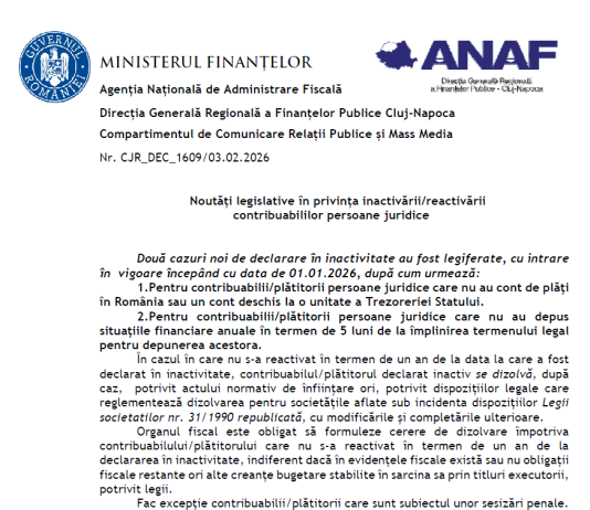 ANAF (oficial) – noutăți legislative în privința inactivării/reactivării contribuabililor persoane juridice