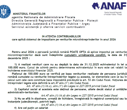 CONTRIBUABILII care aplică sistemul de impozitare pe veniturile microîntreprinderilor in anul 2026 – info ANAF